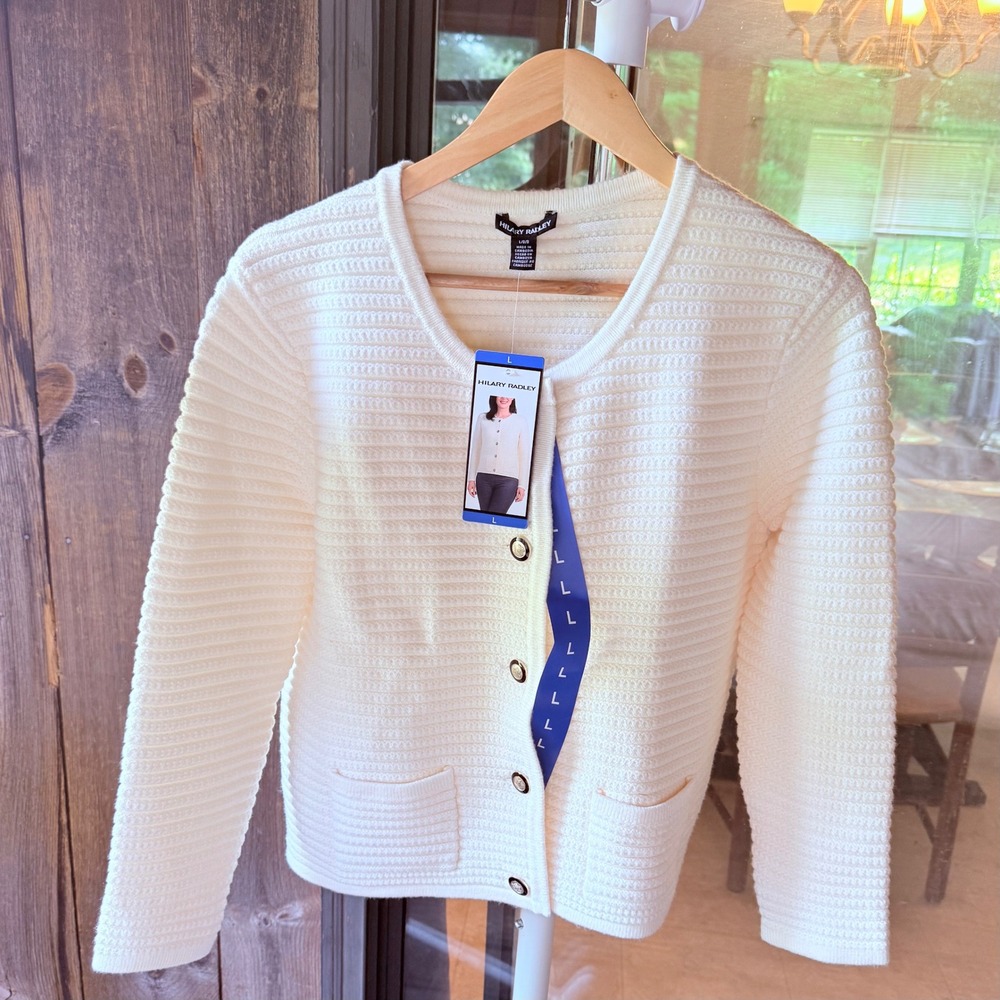 Hilary Radley Women L Cream Cardigan Textured Knit Button Front Pocket Crew Neck